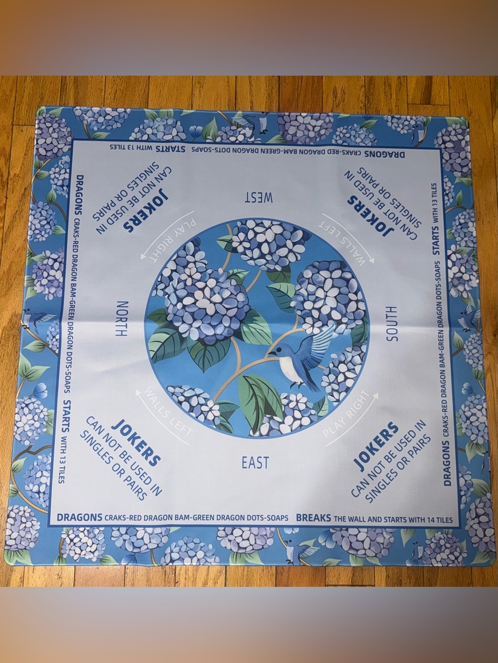 Blue Hydrangea Mahjong Mat (33" x 33") Anti-Slip, Noise-Reducing Mat NEW